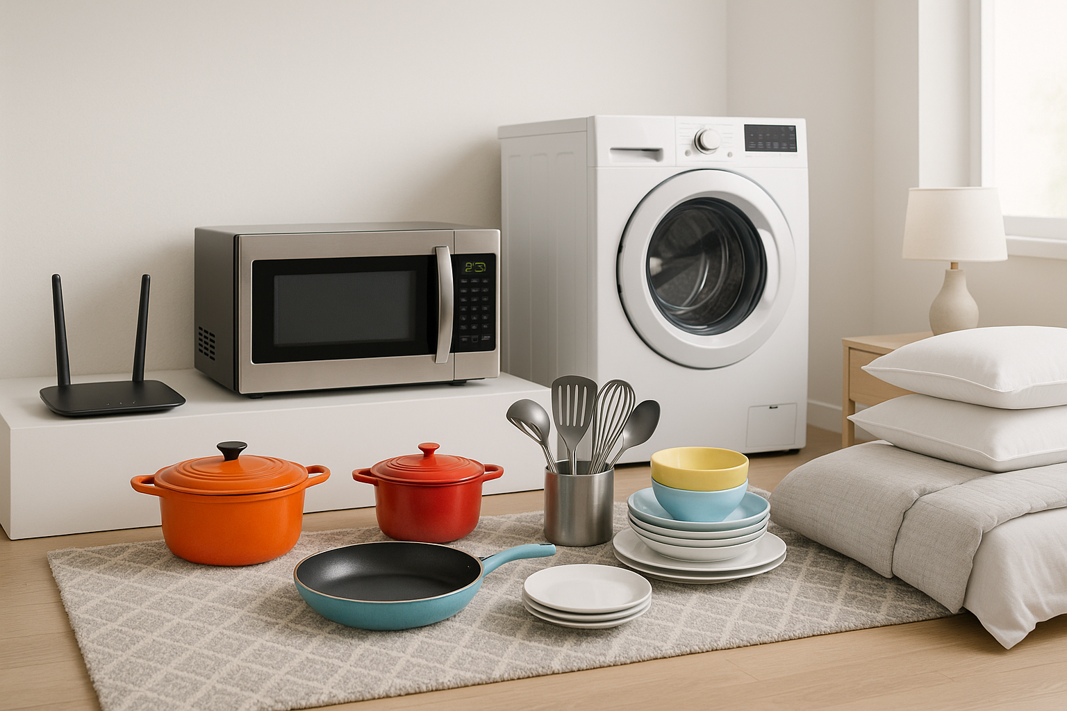 routers, microware, washing machine, kitchen wares, carpet, bedroom